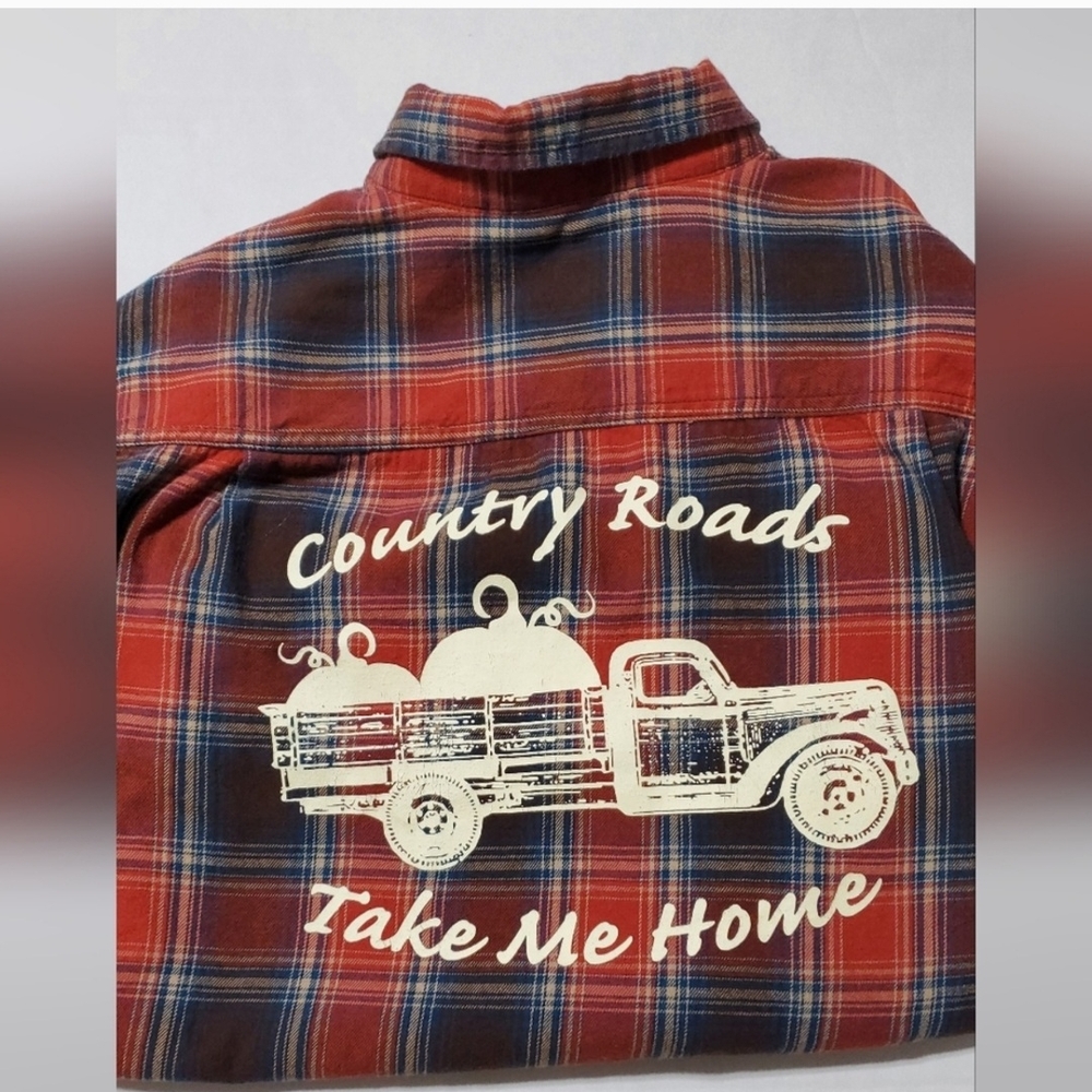 Holiday Cozy Country Roads Take Me Home Plaid Button Down Burgundy Blouse.